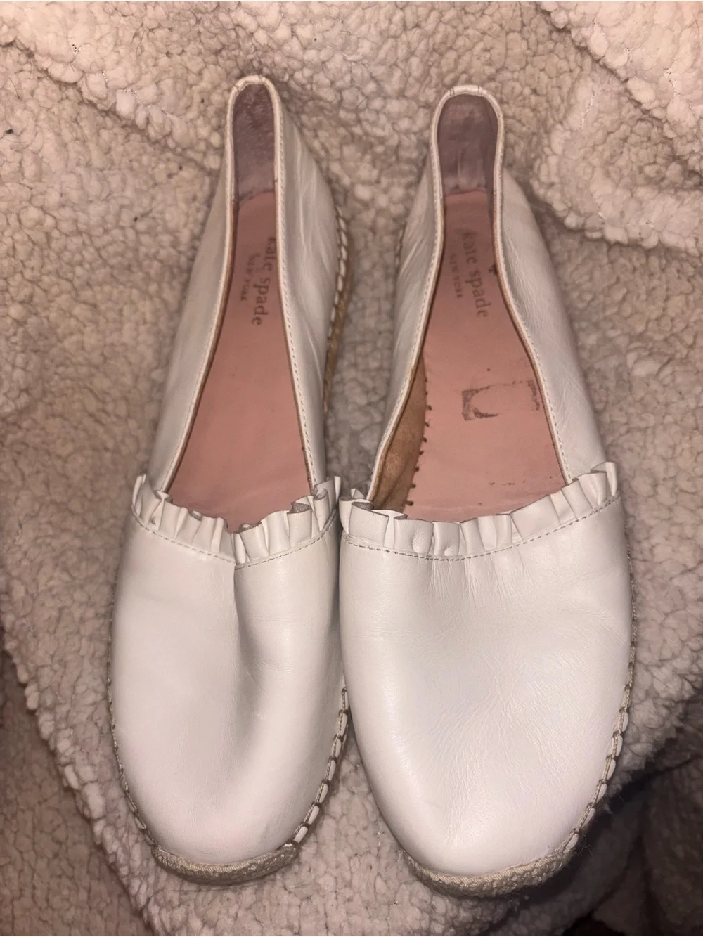 Kate Spade White Leather Ruffle Espadrille Flats Size 10 US